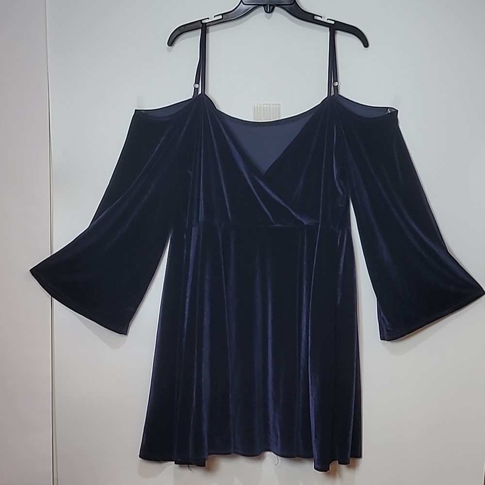 Navy Blue Velvet Mini Cold Shoulder Surplice Dress